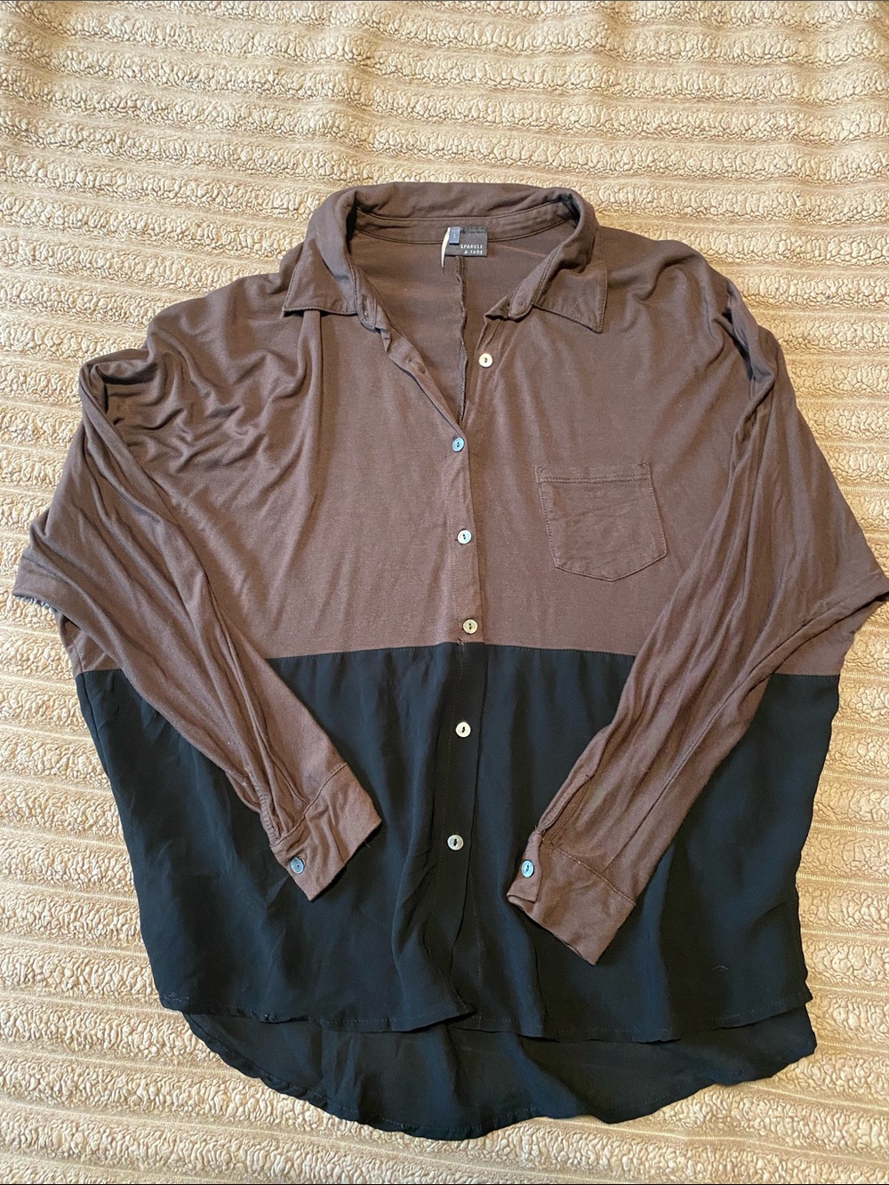 Sparkle & Fade Brown and Black Two-Tone Button Front Blouse